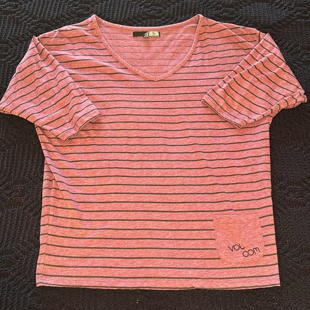 Volcom Striped Purple V-Neck Top women’s size medium